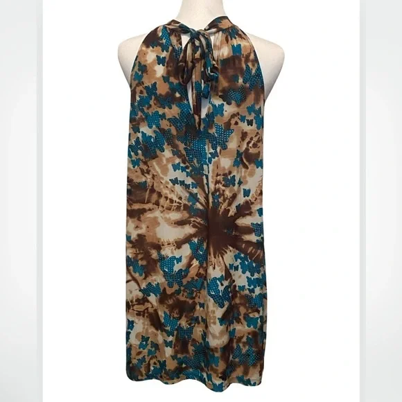 NEW Tie Dye Brown Butterflies High Neck Sleeveless Floaty Dress - Picture 6 of 7